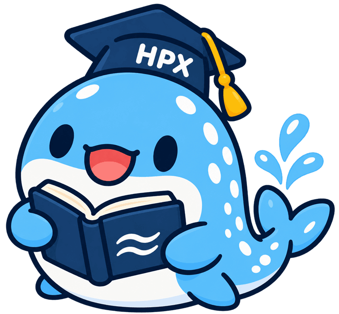 阿鯨：戴著 HPX 學士帽、捧著書的藍色鯨魚